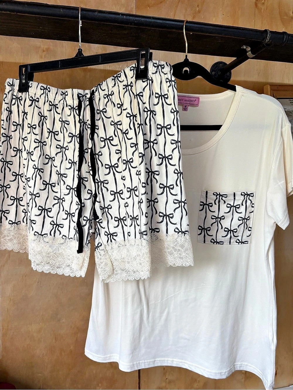 Simply Southern Bow Stripe T-Shirt Pajama Set Floral Top & Shorts NWT